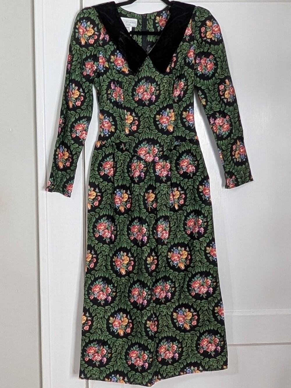 Jessica Mcclintock Gunne Sax Midi Dress Floral Velvet Collar 3/4 VTG Cottagecore